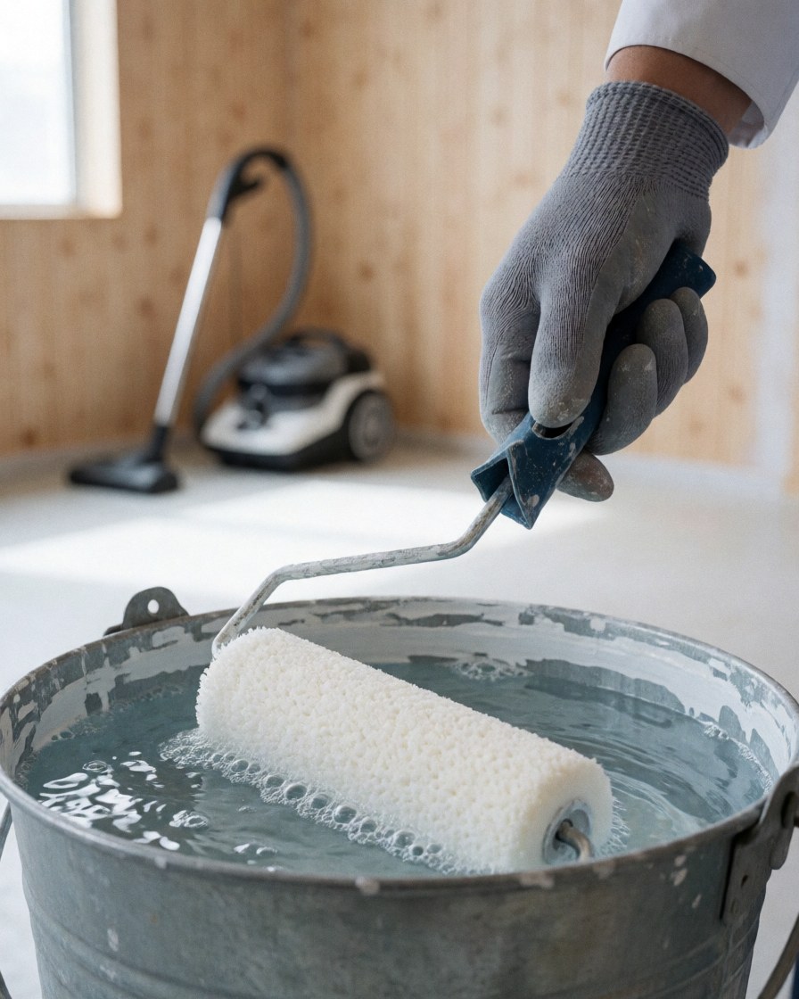 A gloved hand cleans a paint roller in a metal bucket filled with water against a light wood wall background.