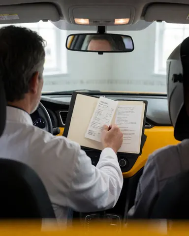 Taxi driver writing down receipt details in a logbook inside the yellow vehicle cabin with rearview mirror visible