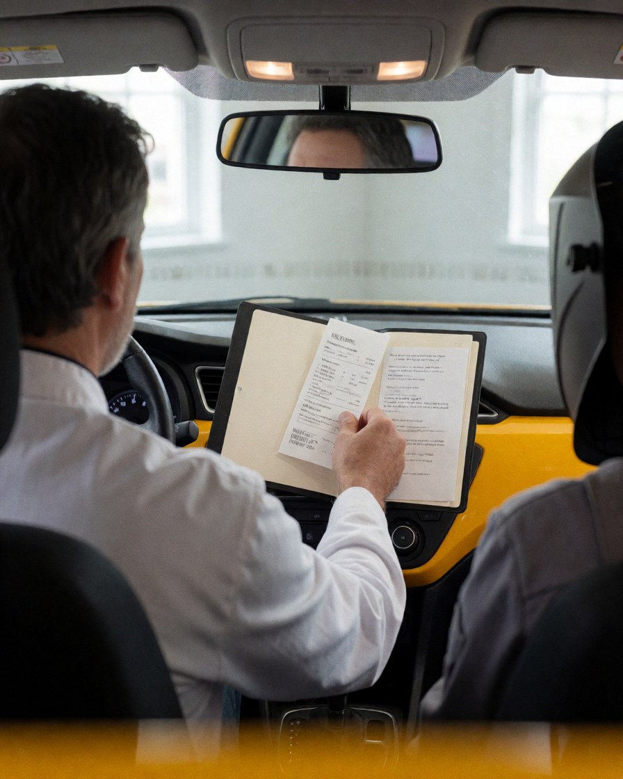 Taxi driver writing down receipt details in a logbook inside the yellow vehicle cabin with rearview mirror visible