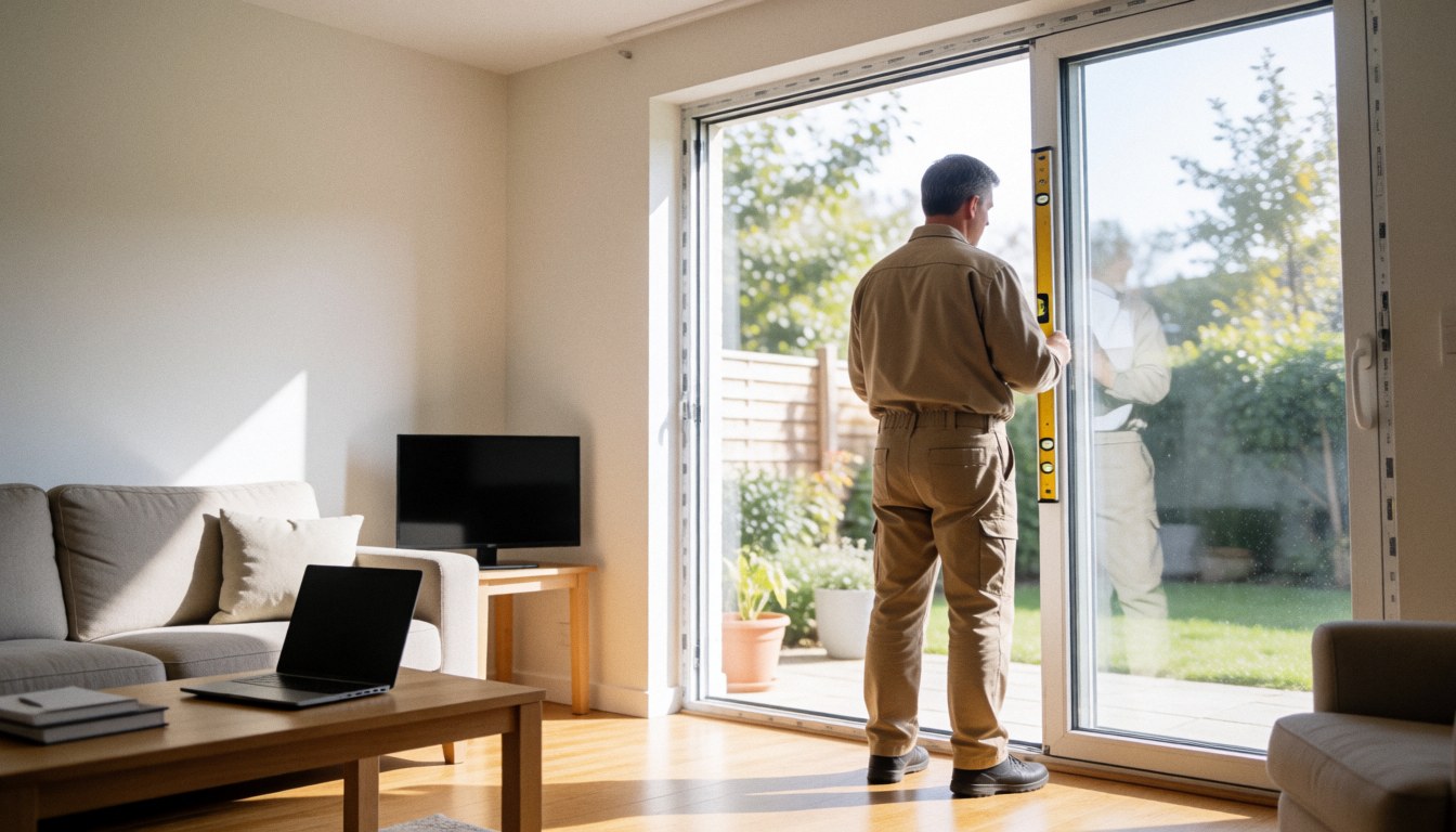 Installer measuring a window frame with a level in a living room with natural light and modern furniture.
