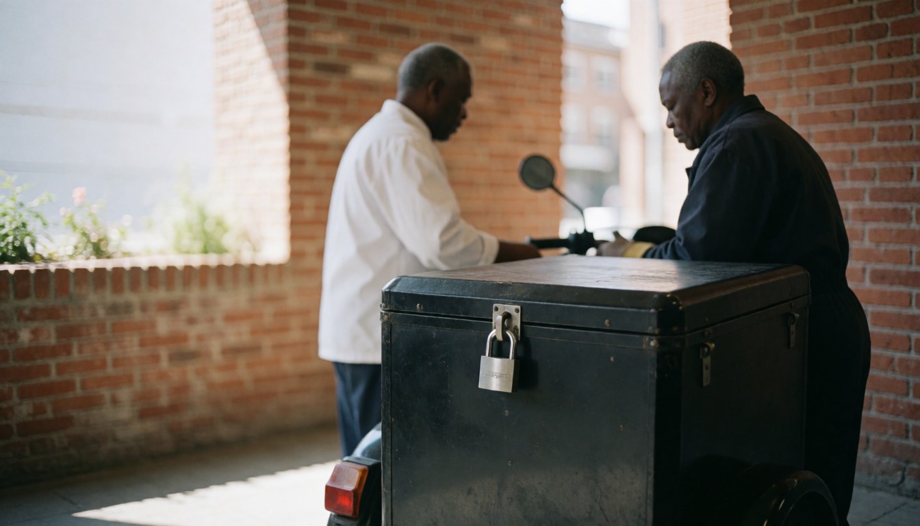 Two workers standing beside a motorcycle taxi equipped with a closed side box secured with a padlock in an urban plaza setting
