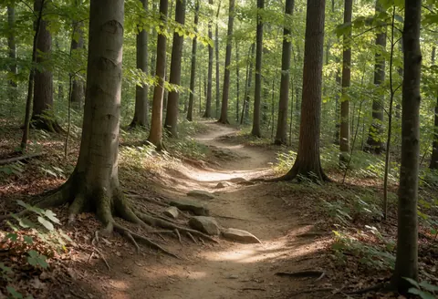 A winding dirt path in a dense forest featuring exposed tree roots and scattered rocks, suitable as a background for track and field coaching materials.