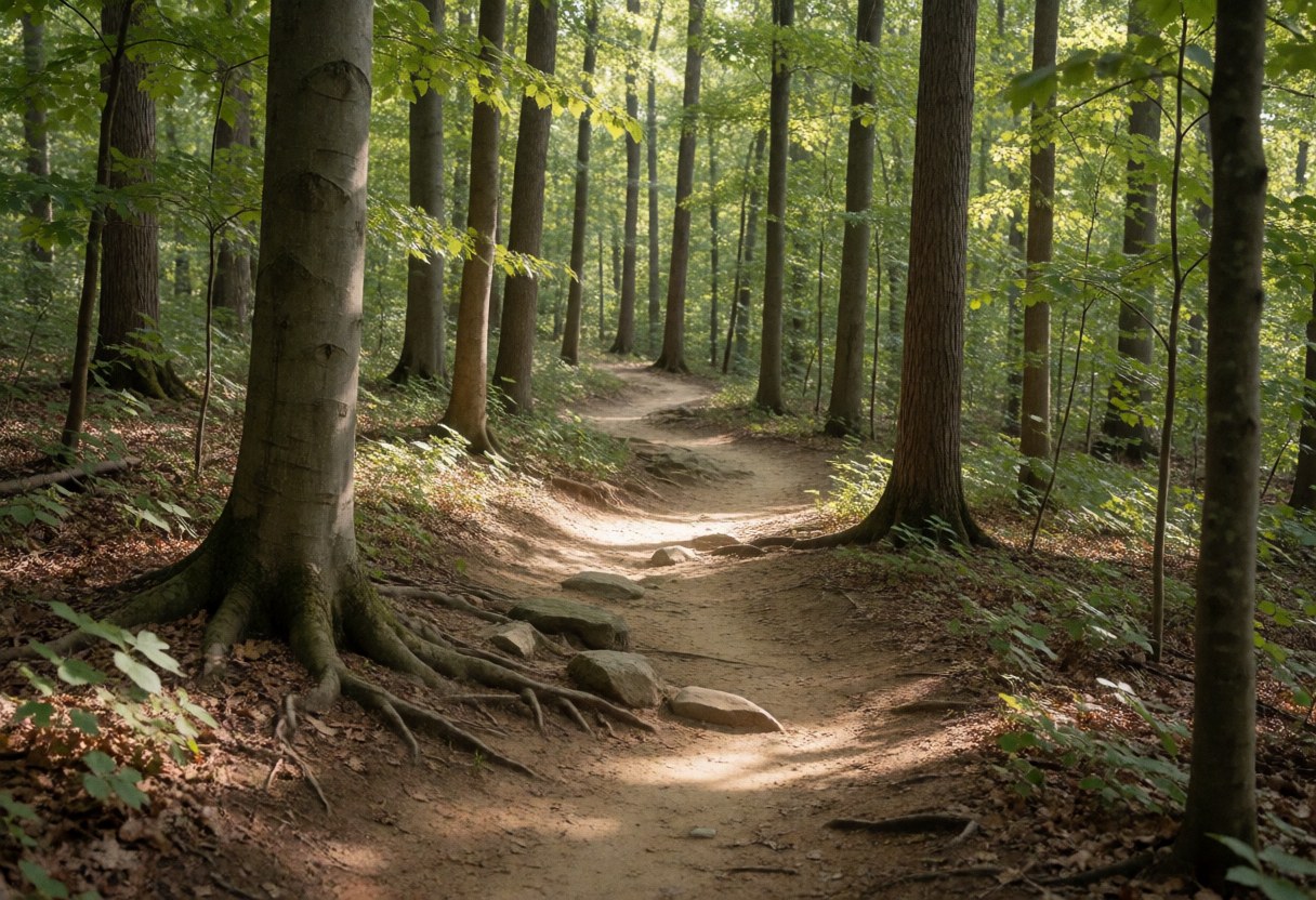 A winding dirt path in a dense forest featuring exposed tree roots and scattered rocks, suitable as a background for track and field coaching materials.