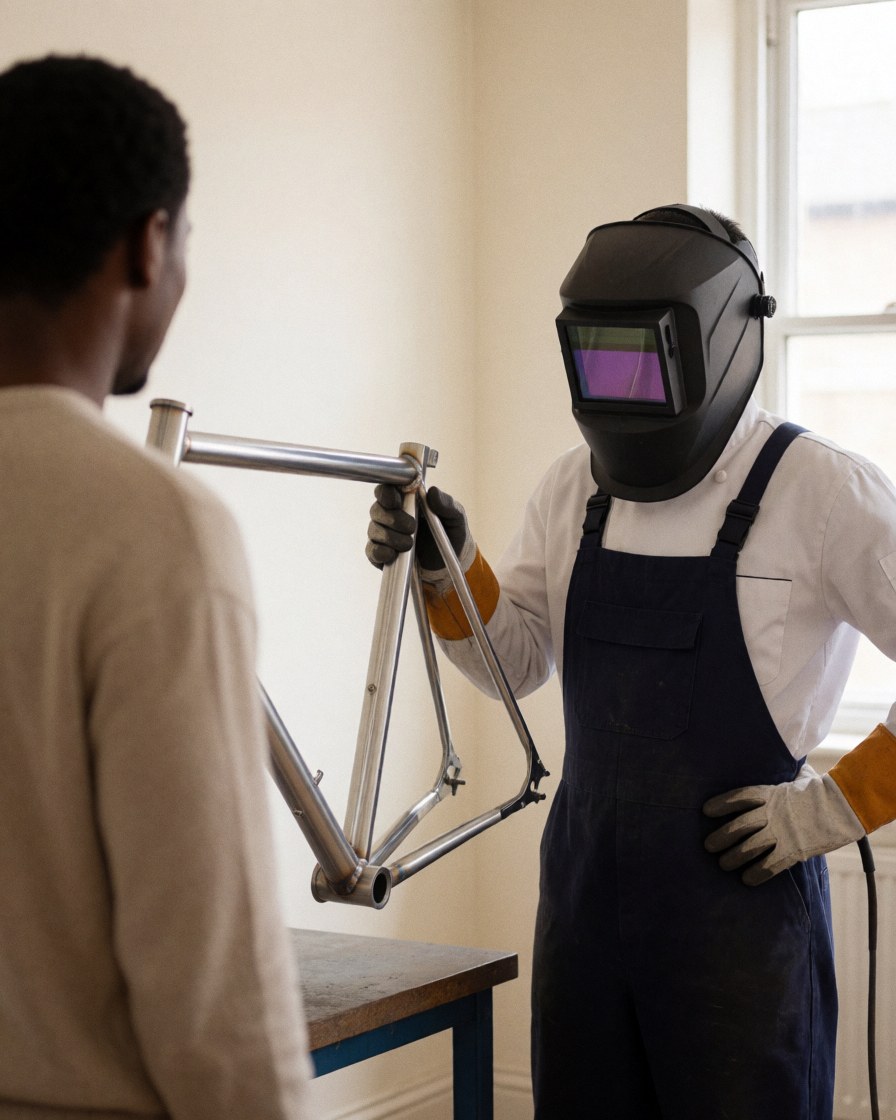A satisfied customer checks a newly welded bicycle frame in a bright workshop with white walls, while a welder wearing a helmet and gloves works nearby.