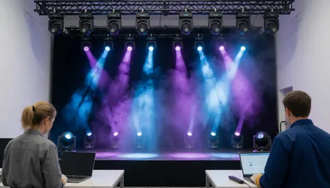 Two technicians work with laptops in front of a stage with colorful lights and haze for events
