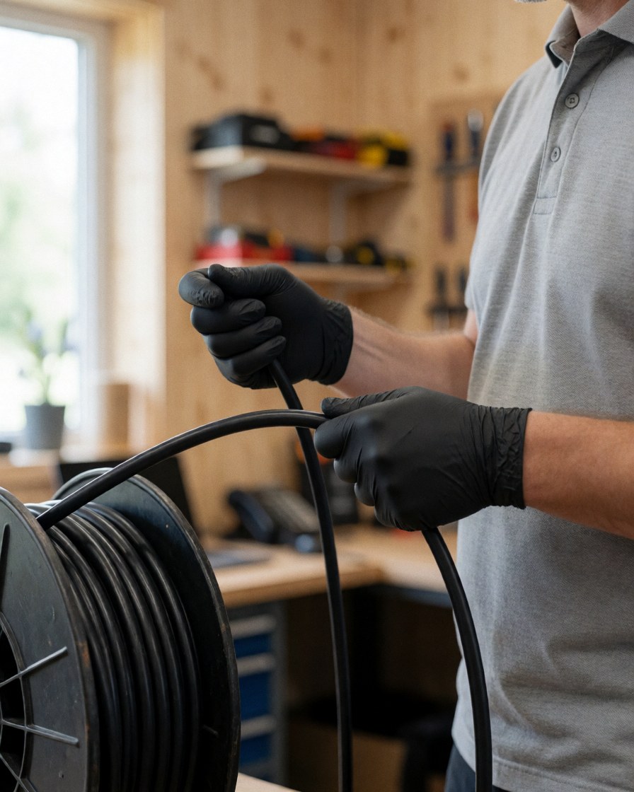 Technician wearing black gloves pulls black coaxial cable from a large reel in a workshop with wooden walls and natural light.
