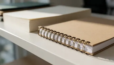 Spiral notebook with thick paper on a white shelf, natural lighting, ideal for copy and binding business