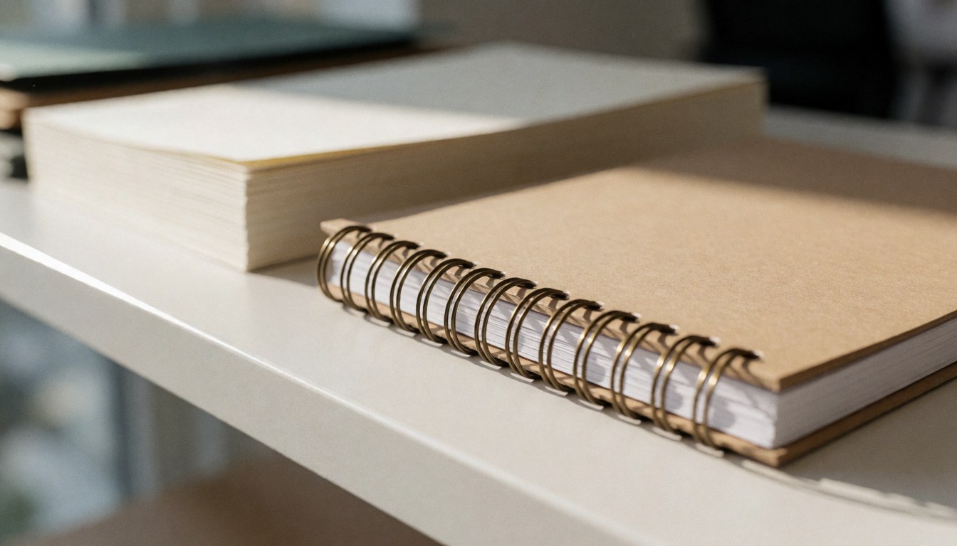 Spiral notebook with thick paper on a white shelf, natural lighting, ideal for copy and binding business