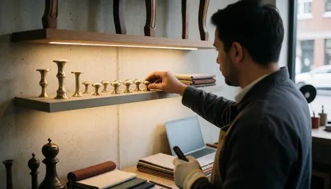 Close-up of a professional hand selecting a bronze button for furniture restoration in a workshop setting