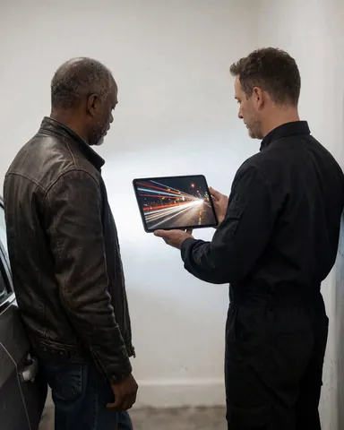 A kinetic photographer displays a long exposure light photo on a tablet to a happy customer near a car in a white-walled workshop