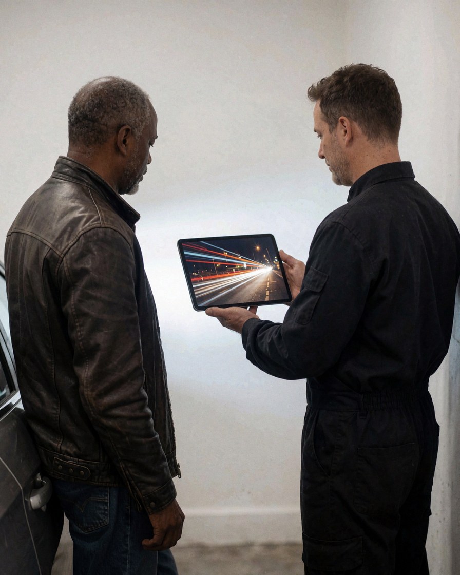 A kinetic photographer displays a long exposure light photo on a tablet to a happy customer near a car in a white-walled workshop