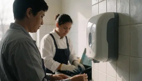 Wall-mounted antibacterial soap dispenser in a tiled public restroom with natural light and staff working in the background