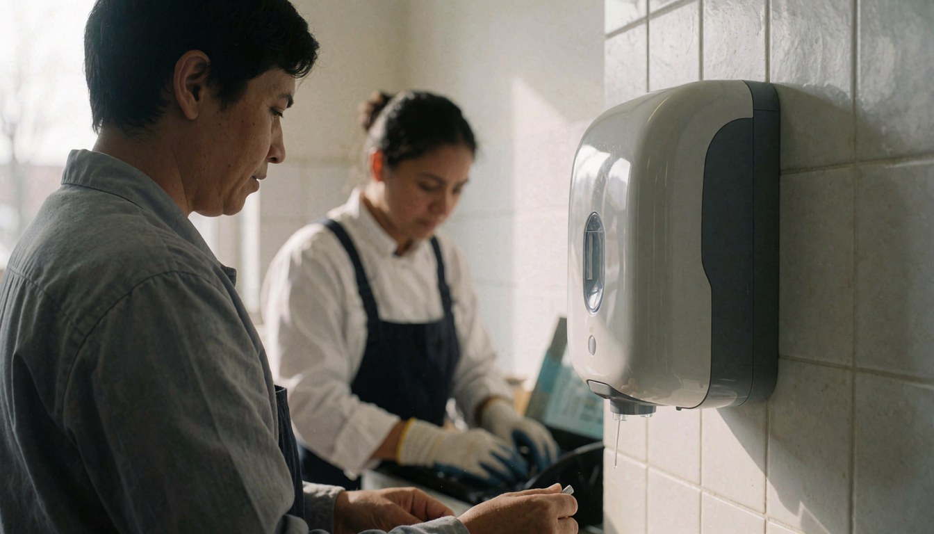 Wall-mounted antibacterial soap dispenser in a tiled public restroom with natural light and staff working in the background
