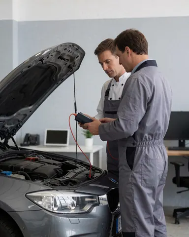 Technician and customer checking car battery in workshop with open hood and tools visible