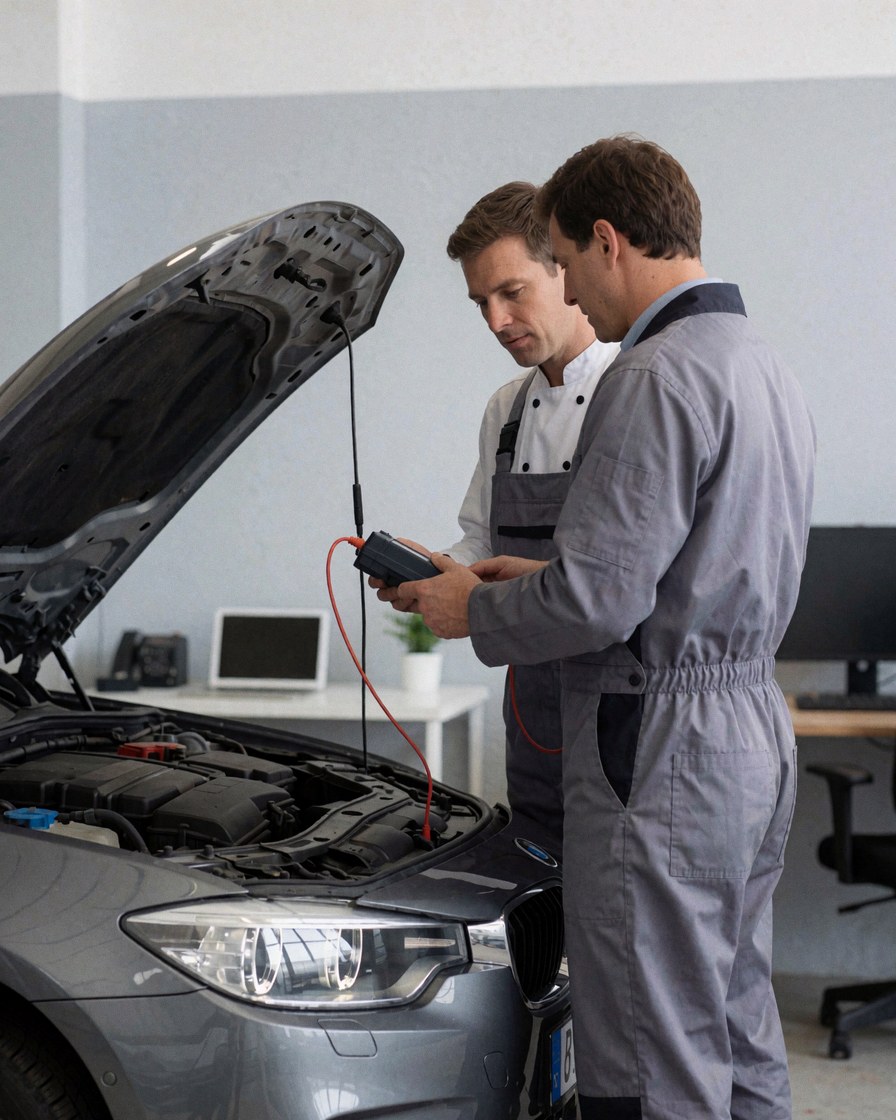 Technician and customer checking car battery in workshop with open hood and tools visible