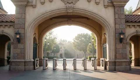 Stone entrance arch and turnstiles at a theme park with trees and morning light, suitable for a website hero section