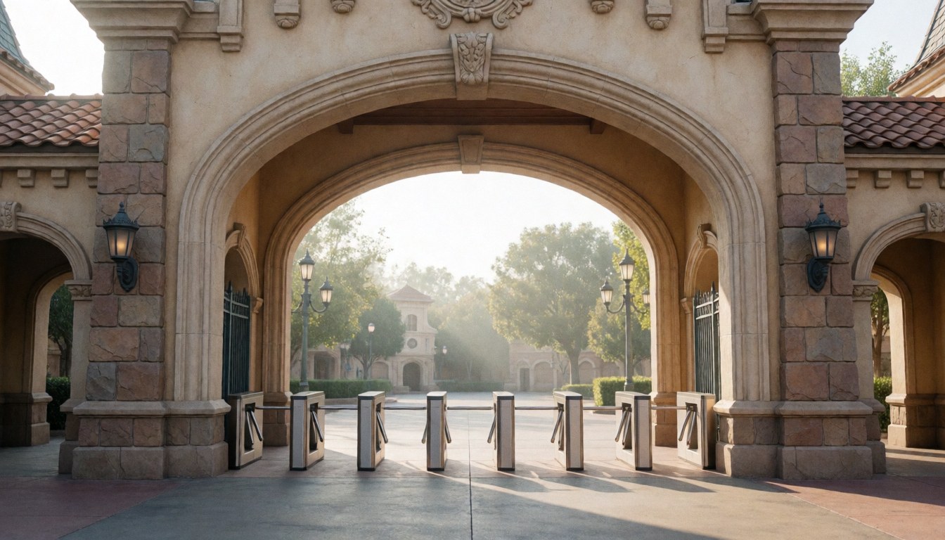 Stone entrance arch and turnstiles at a theme park with trees and morning light, suitable for a website hero section