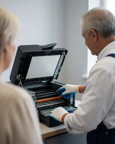 Technician wearing gloves displays internal printer rollers to a client in a workshop with light gray walls
