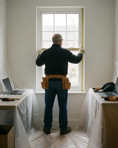 Carpenter measuring a window with a tape measure, wearing safety glasses and a tool belt, with protective plastic on the floor in a room with white walls.