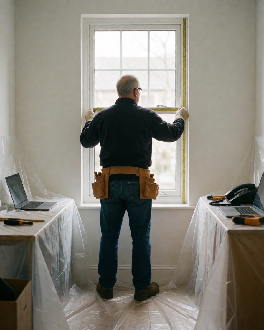 Carpenter measuring a window with a tape measure, wearing safety glasses and a tool belt, with protective plastic on the floor in a room with white walls.