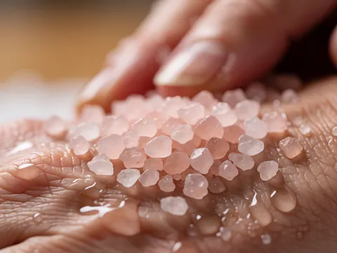 Detailed macro shot of adult hands holding wet pink salt crystals, ideal for spa, beauty, and skin care contexts