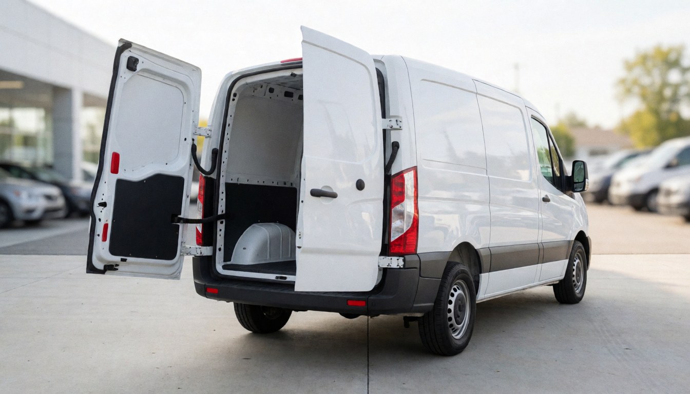 White pickup truck with open rear doors at a car dealership, suitable for a vehicle sales website hero section