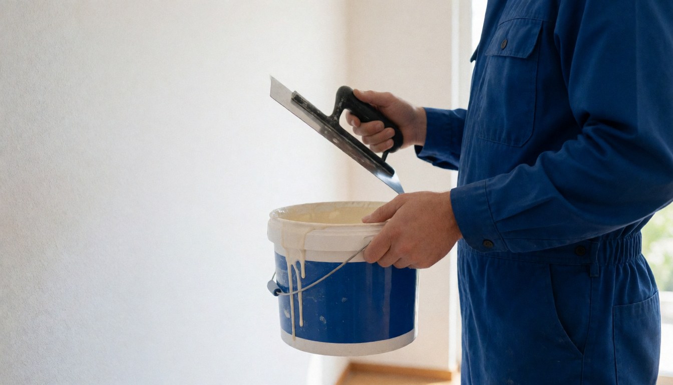 Worker in blue uniform holding adhesive bucket and trowel, ready to install cork flooring on white wall with natural light