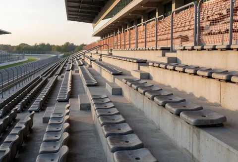 Concrete grader featuring gray seating areas and orange safety nets, suitable for promoting a motorsport circuit environment