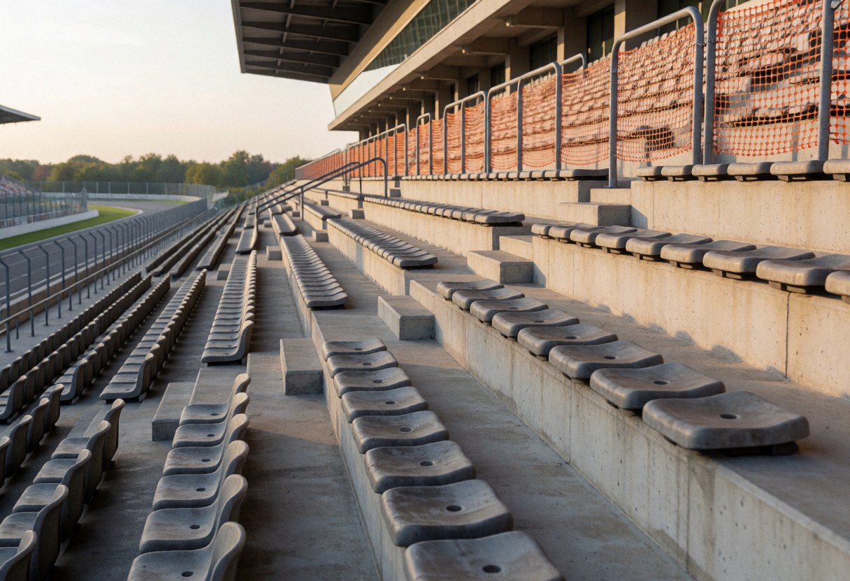Concrete grader featuring gray seating areas and orange safety nets, suitable for promoting a motorsport circuit environment