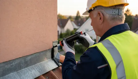 A roofer wearing a yellow hard hat and reflective vest applies black sealant to a metal roof joint on a terracotta house.