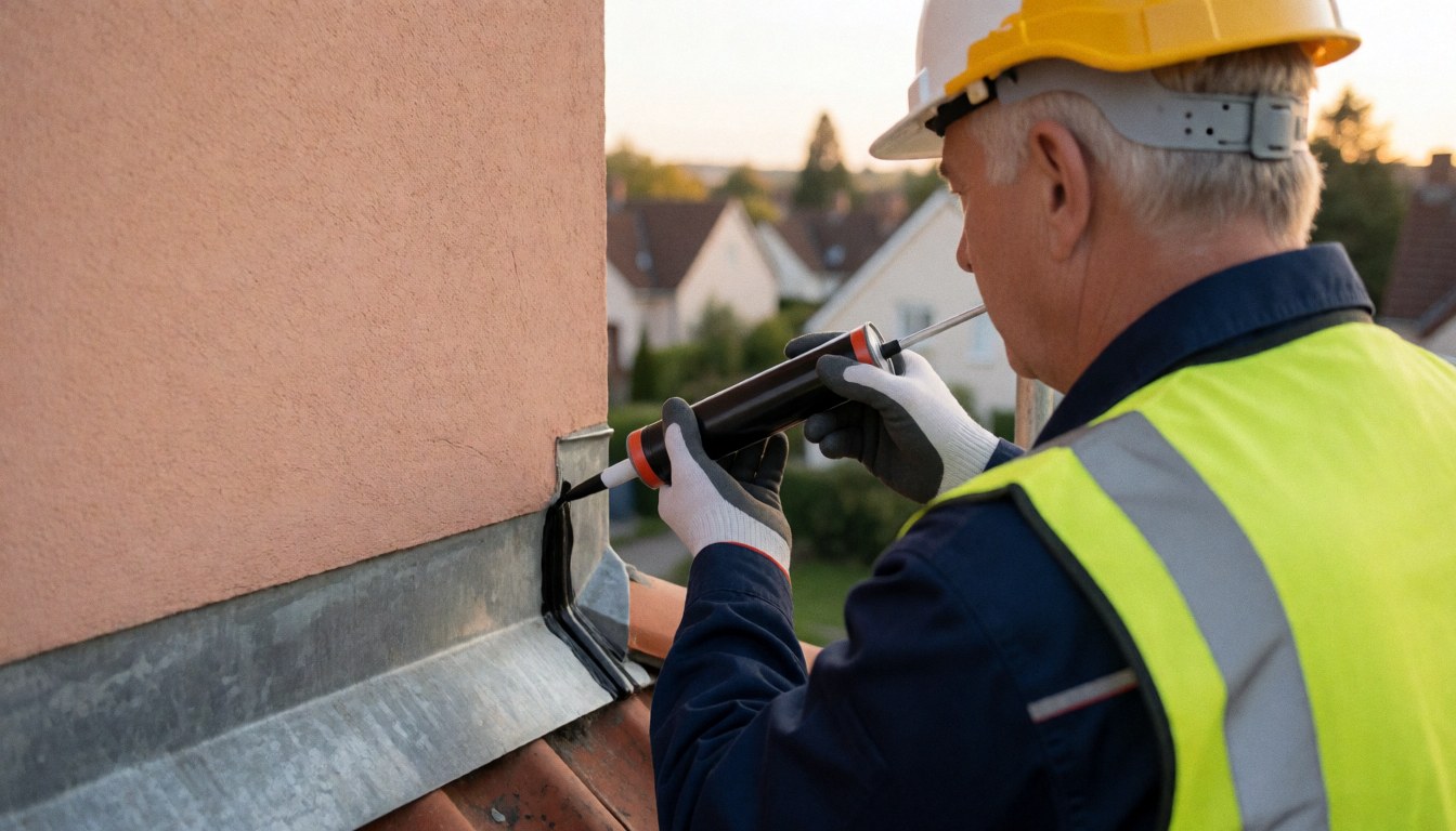 A roofer wearing a yellow hard hat and reflective vest applies black sealant to a metal roof joint on a terracotta house.