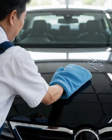 A person wearing a blue glove cleans the black hood of a car with water, reflecting the interior under morning light at a car wash.