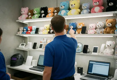 Staff member aiming a game gun at a stuffed animal prize in a colorful arcade with bright lighting and shelves of electronics.