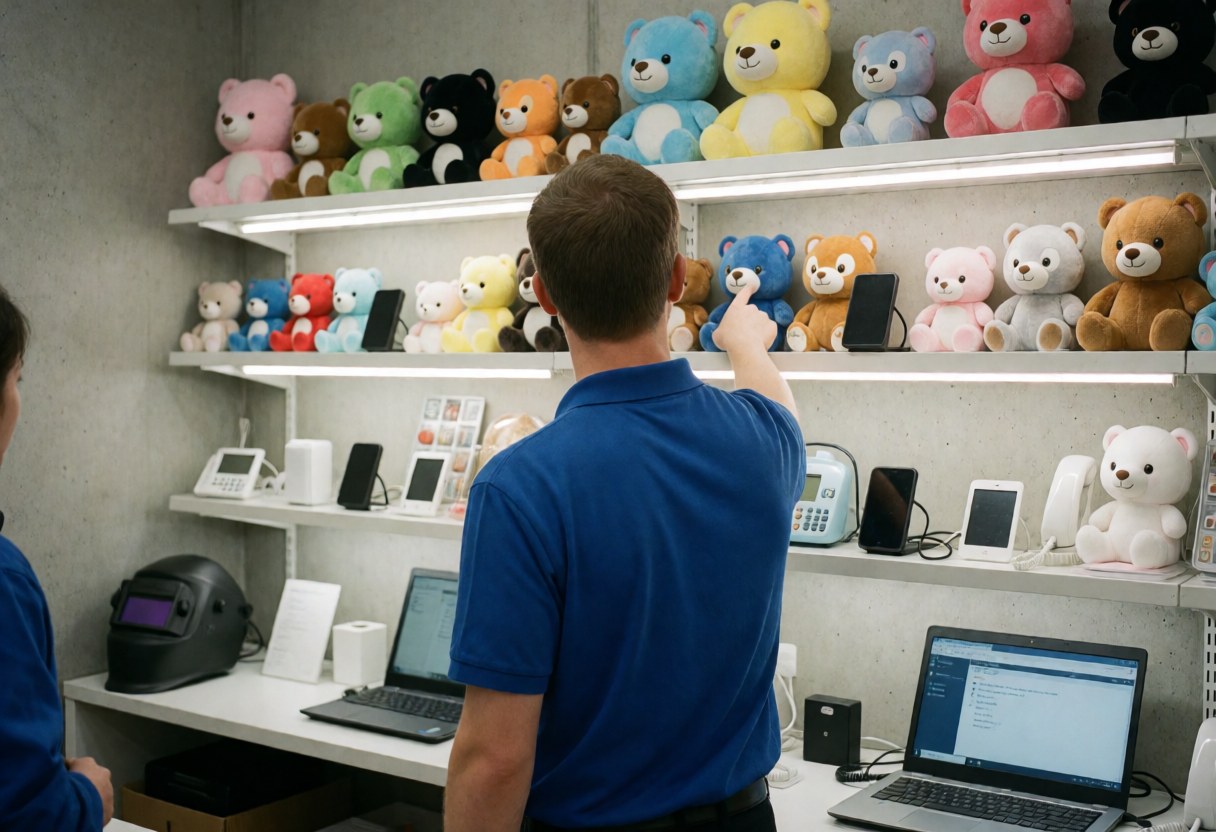 Staff member aiming a game gun at a stuffed animal prize in a colorful arcade with bright lighting and shelves of electronics.