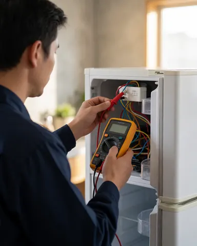 A technician uses a multimeter to diagnose a refrigerator, showing hands holding the tool and visible cables during a repair service.