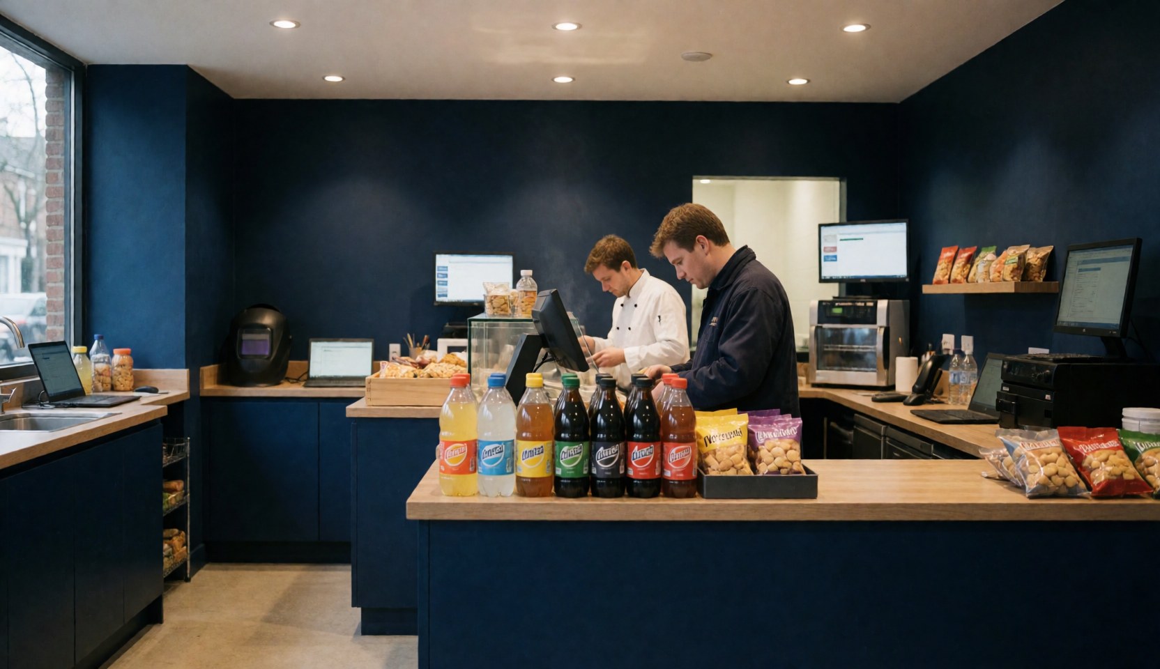 A kiosk counter displaying bottled beverages and snack packages with blue walls and two staff members working in the background.