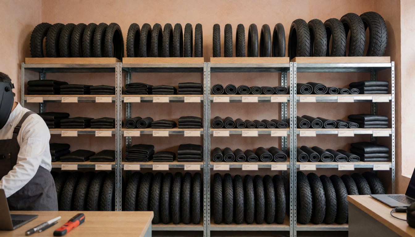 Bike repair shop with metal shelves full of tires and tubes, a person wearing a helmet works at a table, terracotta plaster walls, clean and organized scene.