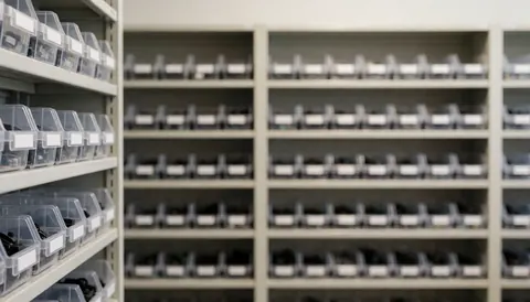Shelves holding transparent boxes of electronic parts for mobile phone repair, serving as a professional technical background for text.