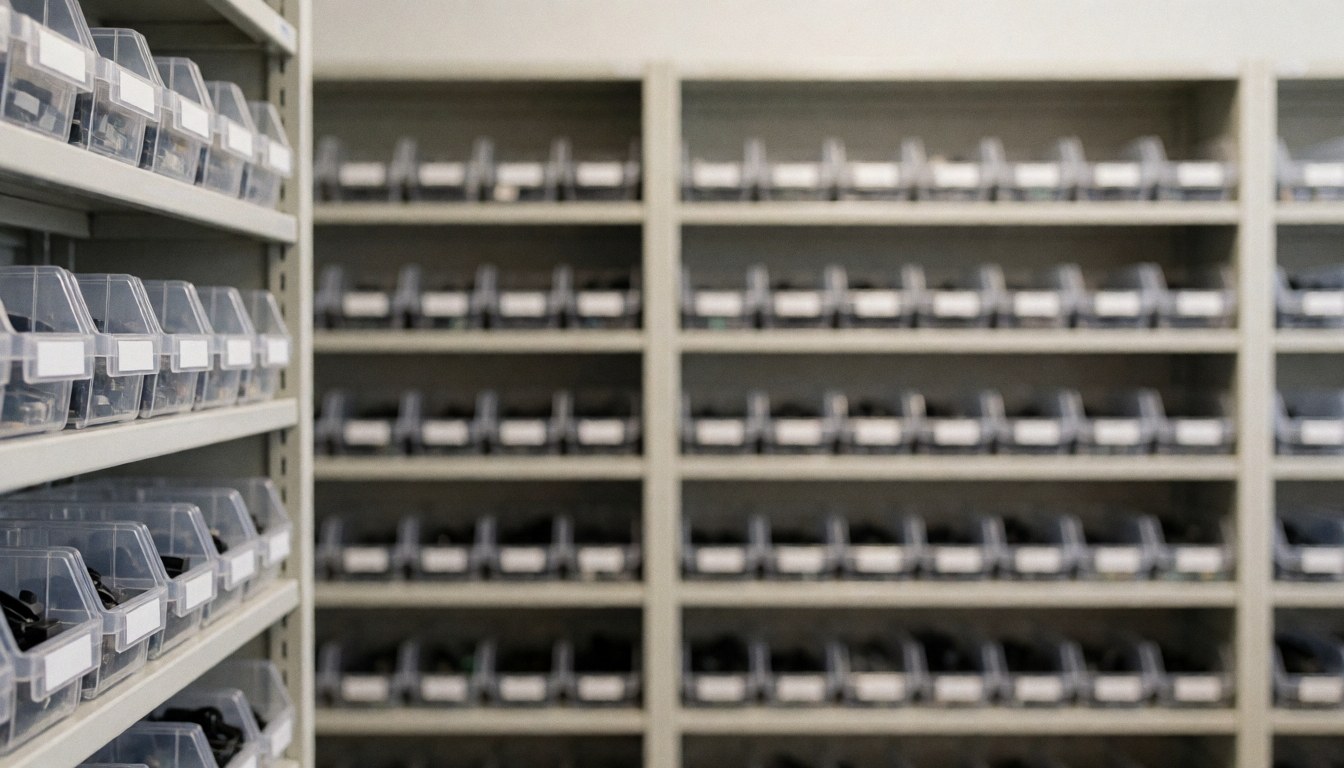 Shelves holding transparent boxes of electronic parts for mobile phone repair, serving as a professional technical background for text.