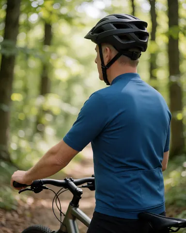 A cyclist in a blue shirt and black helmet pauses on a wooded path with their mountain bike.