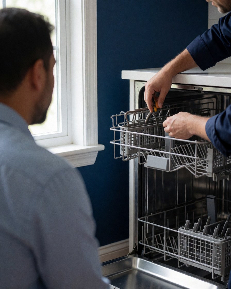 Technician repairing a dishwasher in a kitchen with a client observing nearby