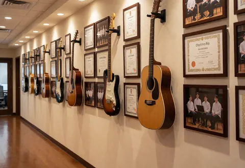 Hallway in a music school featuring hanging guitars and framed certificates on walls with polished wood floors and warm lighting