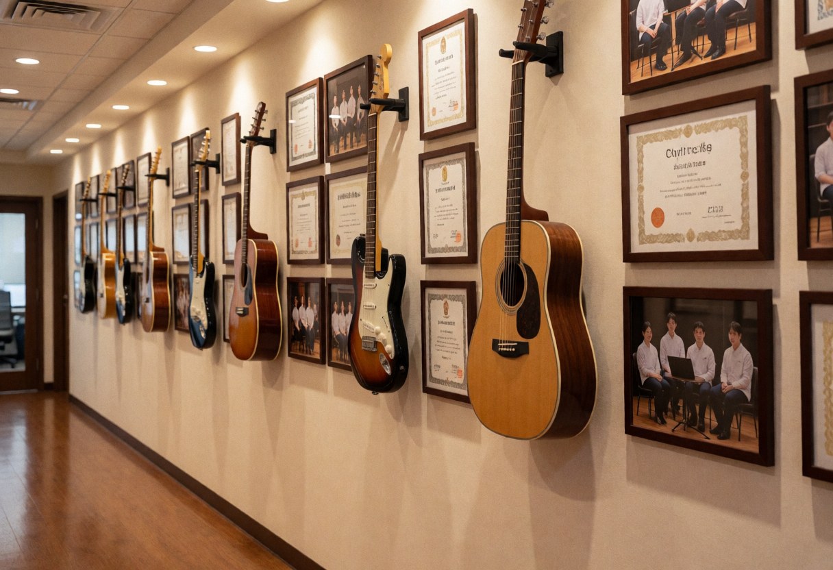 Hallway in a music school featuring hanging guitars and framed certificates on walls with polished wood floors and warm lighting