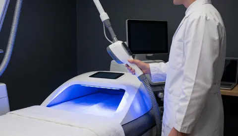 Close-up of a professional's hand holding a laser treatment device over a blue-lit treatment table in a modern clinic.