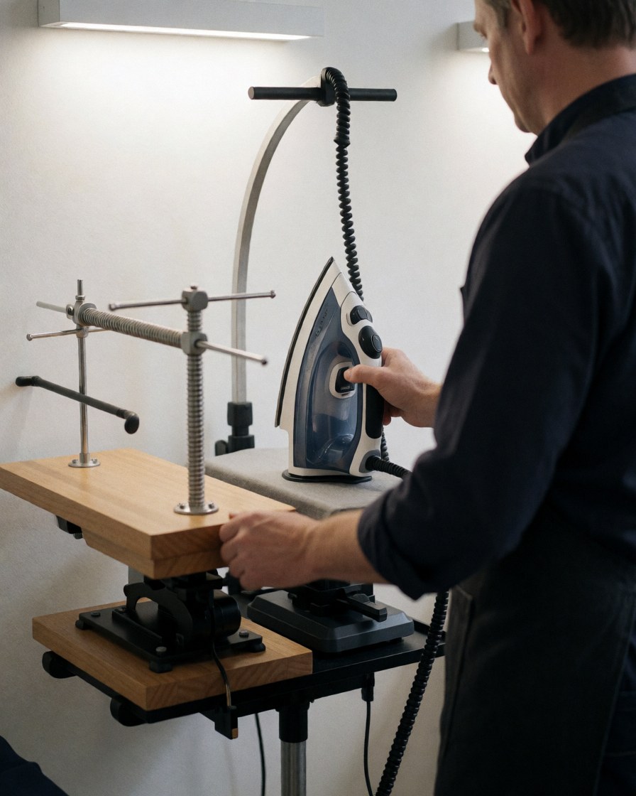 A technician adjusts an iron at a pressing station with a visible wooden board, white wall, and practical lighting.