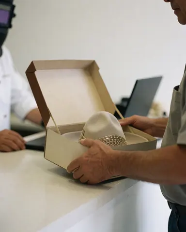 A customer opens a box containing a new hat at a clean counter in an equestrian center.