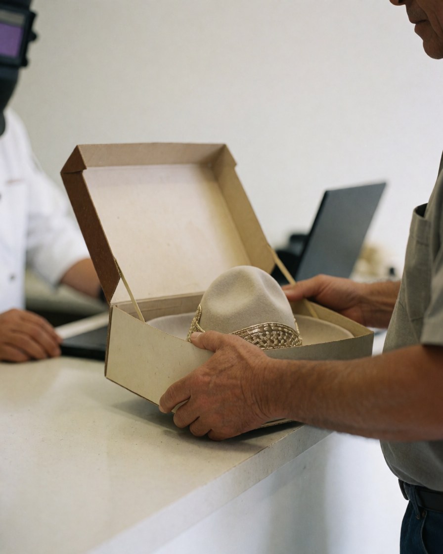A customer opens a box containing a new hat at a clean counter in an equestrian center.