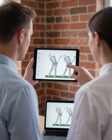 Golf instructor explains swing analysis to a client using a tablet in a modern professional setting with a brick wall background.