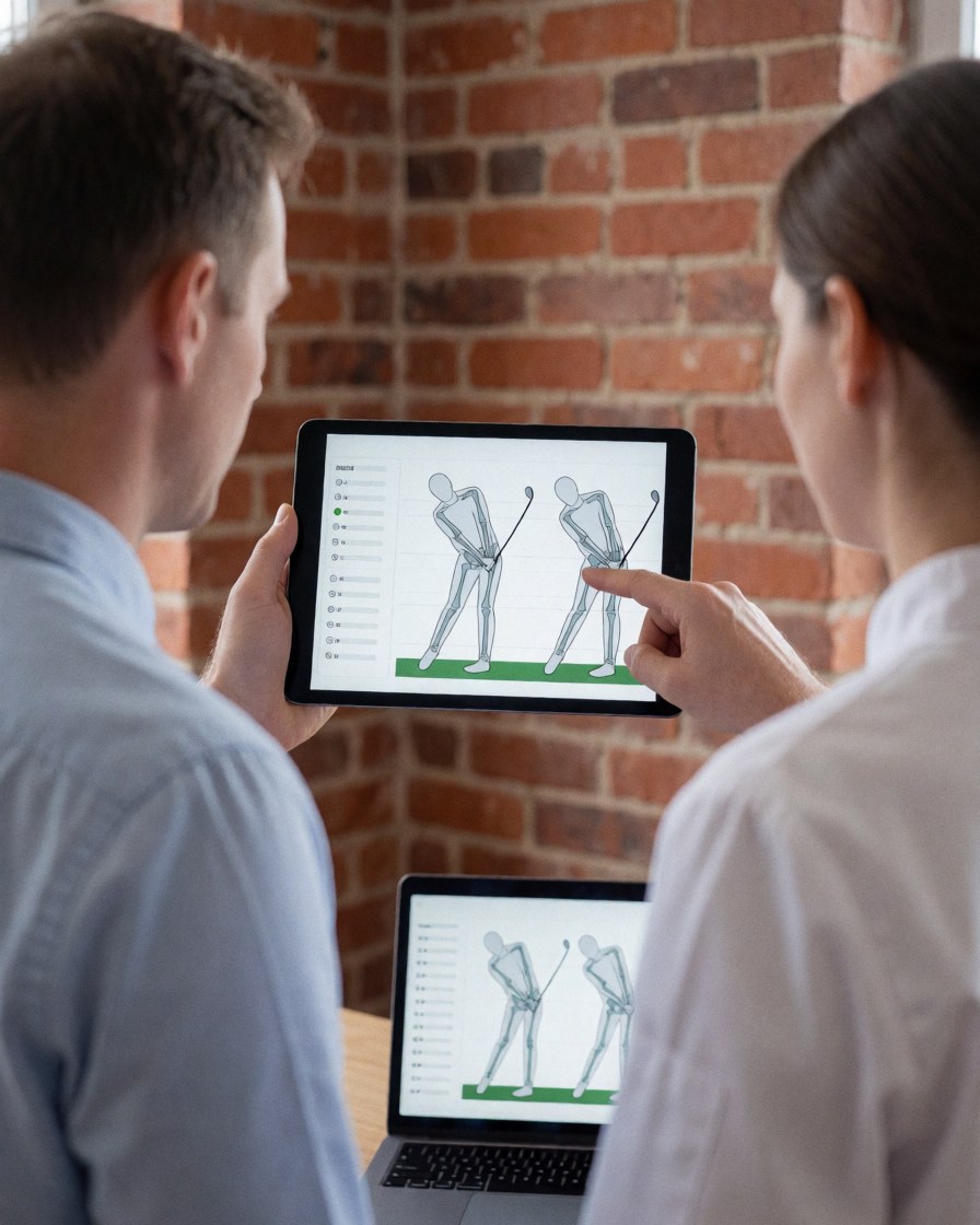 Golf instructor explains swing analysis to a client using a tablet in a modern professional setting with a brick wall background.