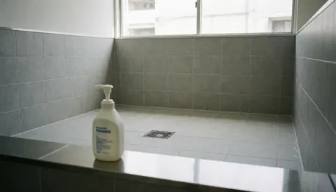 Empty vehicle wash bay with central floor drain, gray tiled walls, and a white soap bottle on a stainless steel shelf.